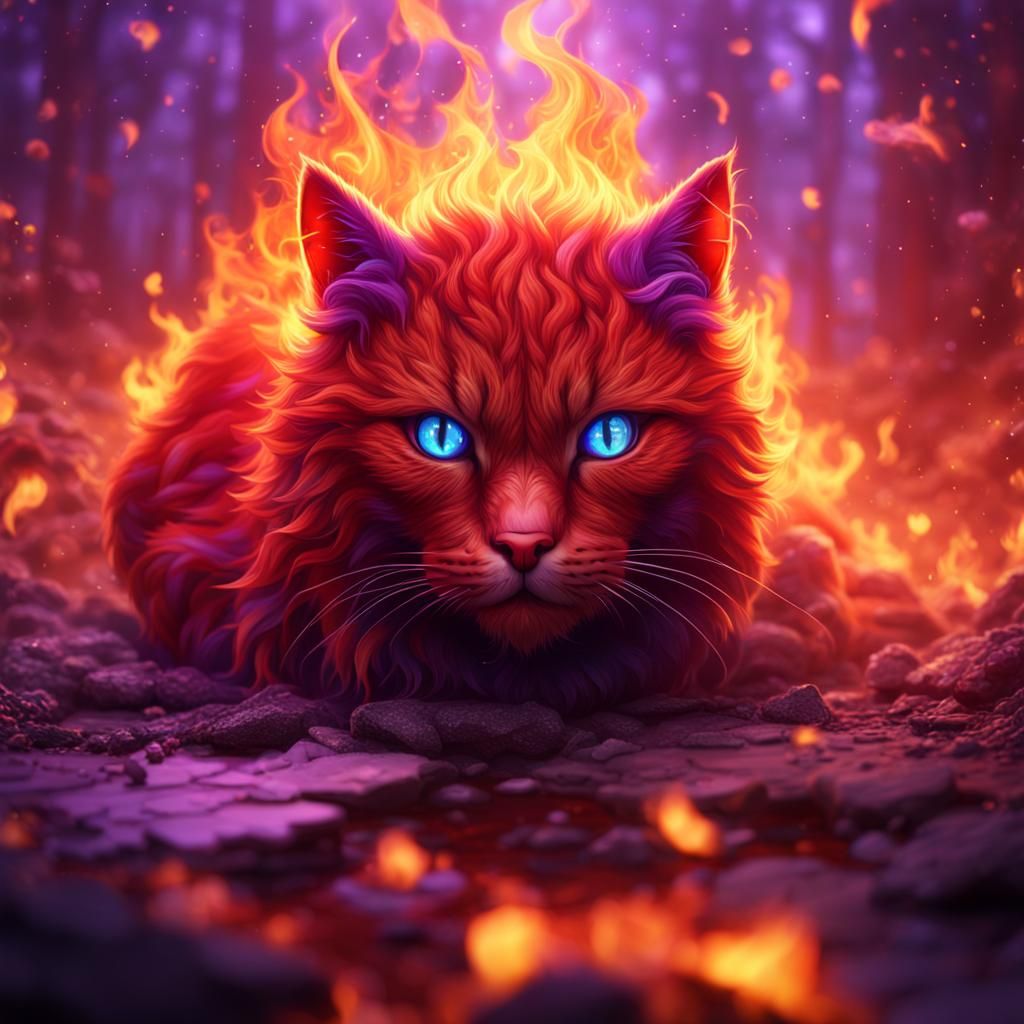 Fiery Red Cat with Purple Eyes: Fantasy Art