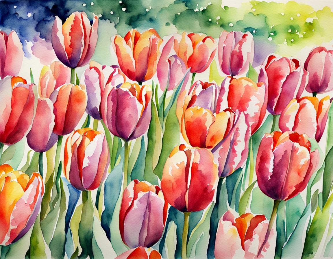 Watercolor Tulips Blooming in Spring