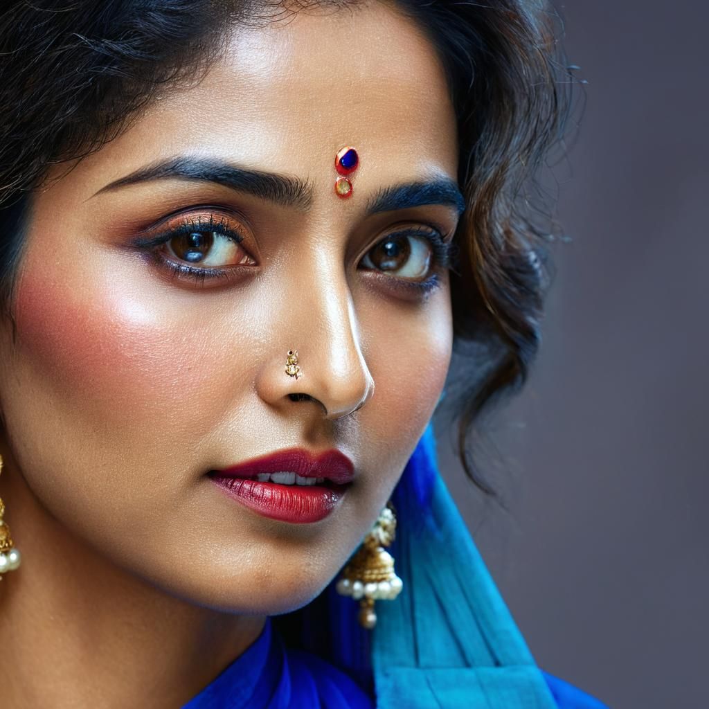 portrait of <Subject> Indian girl aged 36 with wheatish skin complexion and a sharp jawline and nose. Wavy hair, wearing...