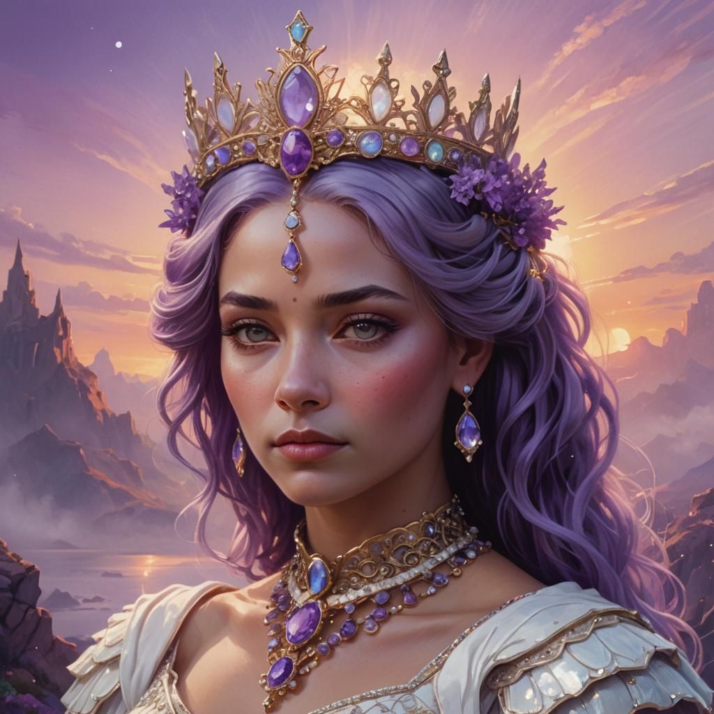 Queen with Purple Hair in Dreamlike Realism