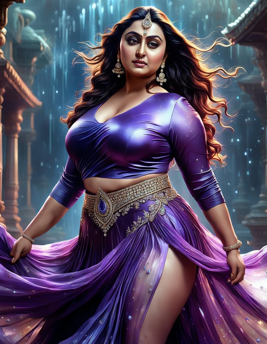 Indian Actress in Purple Satin, Detailed Matte Painting