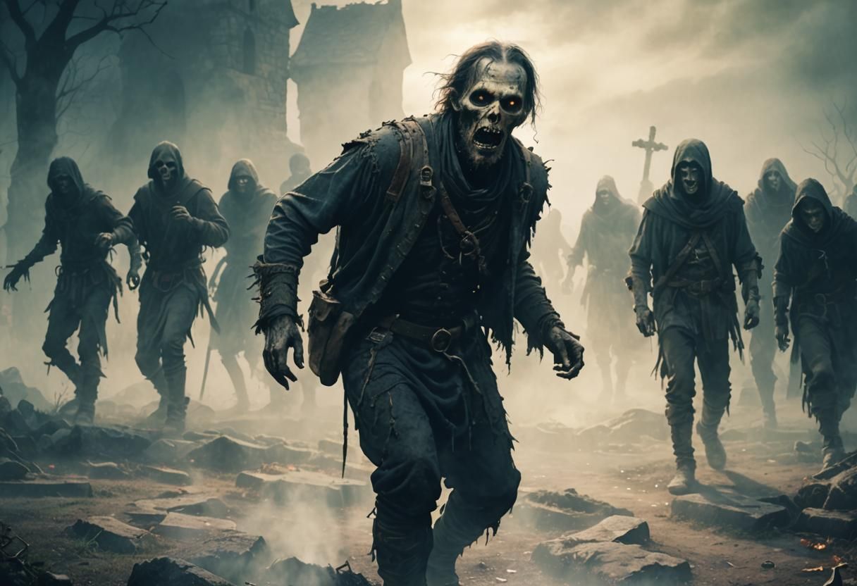Undead Peasants Shambling Through Misty Graveyard