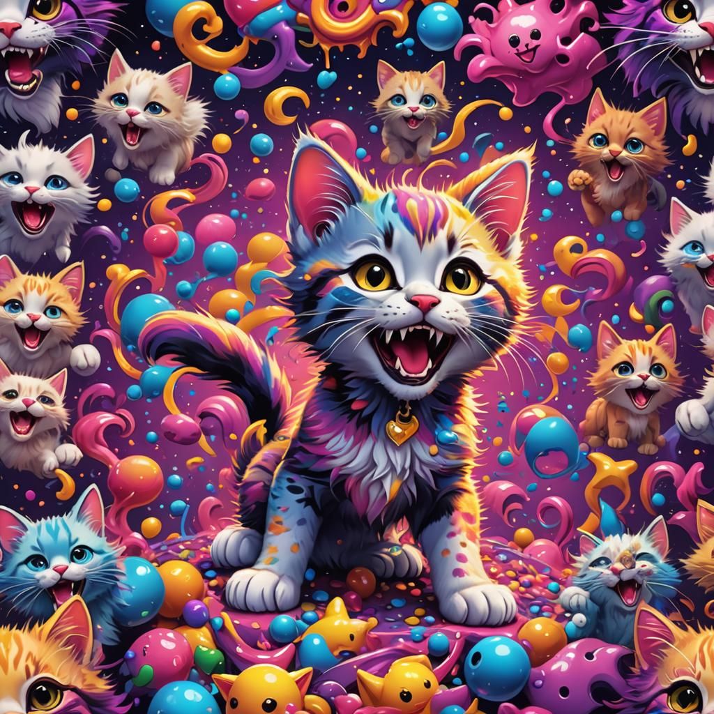 Cute Kitten Baring Teeth in Lisa Frank Style