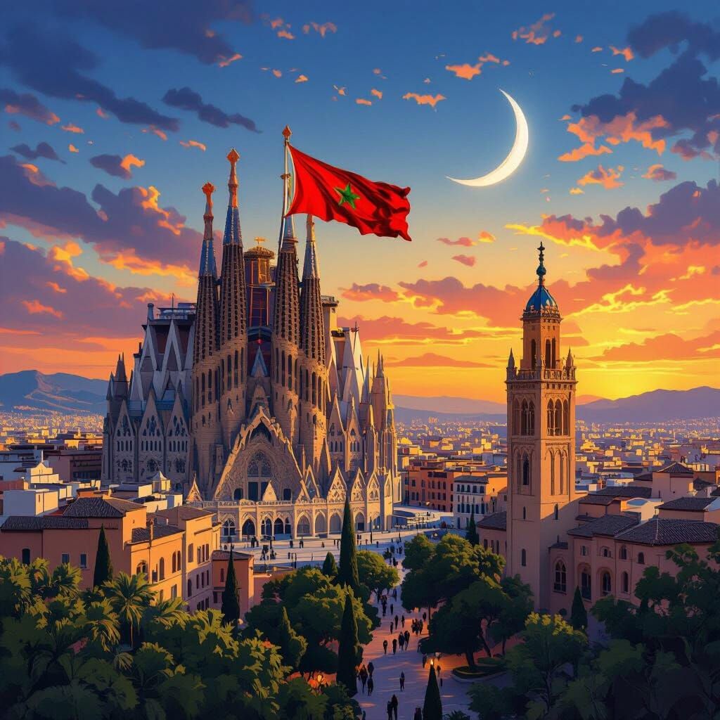 Moroccan Flag Over Sagrada Familia in Barcelona