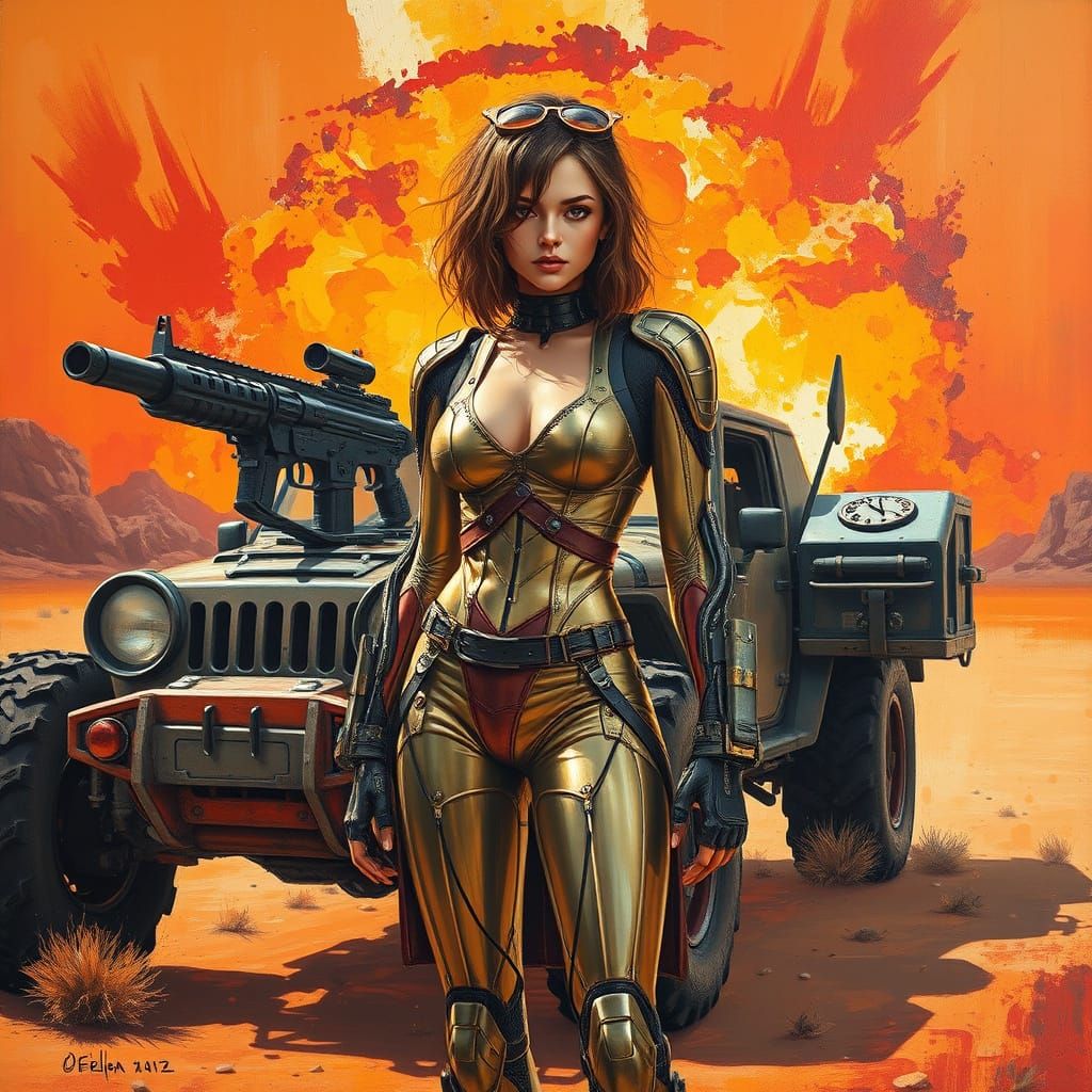 Cyborg Girl Stands Before Futuristic Mad Max Car in Neo-Impr...