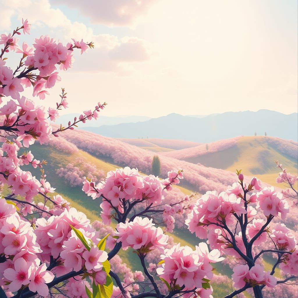 Dreamy Peach Blossom Landscape in Impressionist Style
