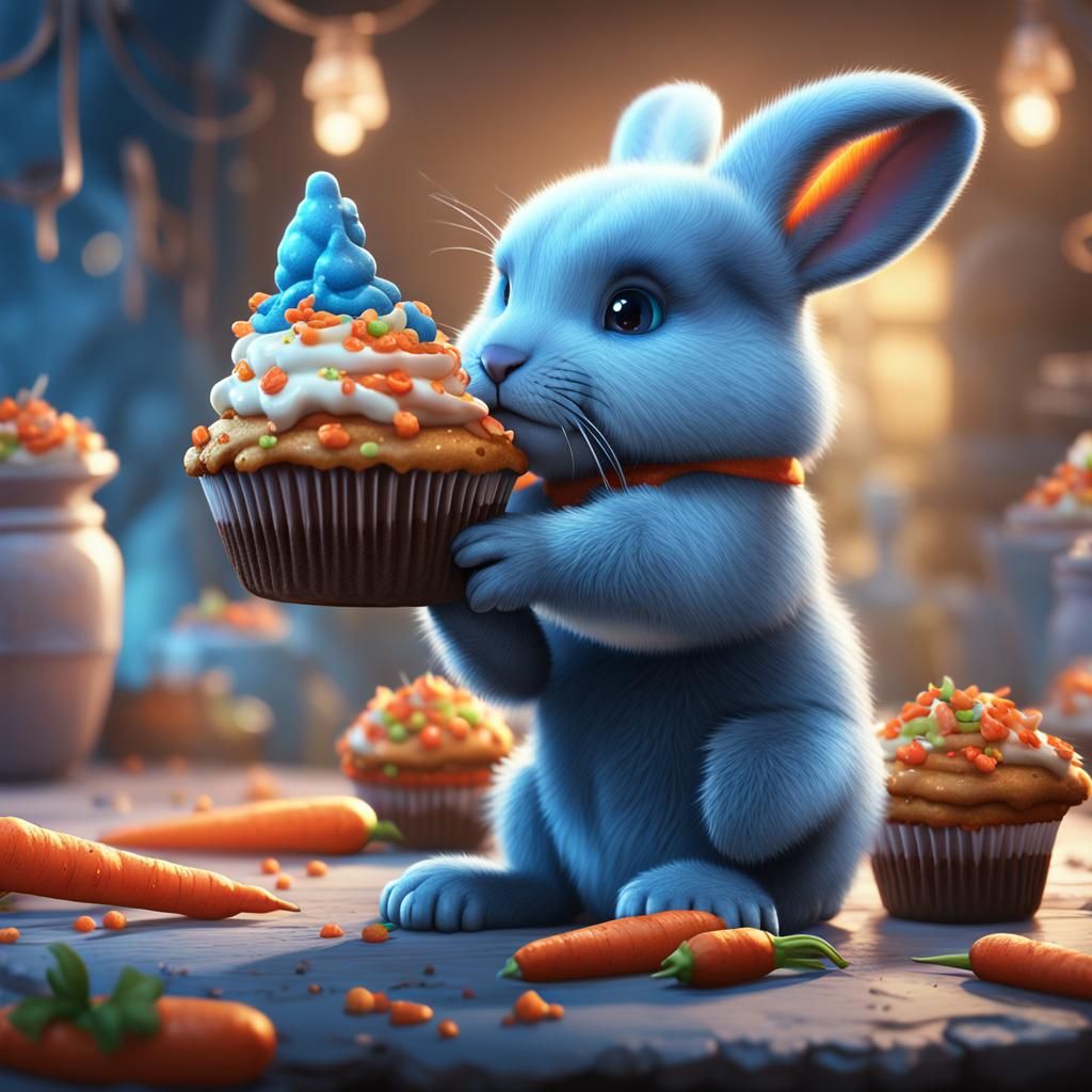 Cute Blue Bunny with Carrot Cupcake Art