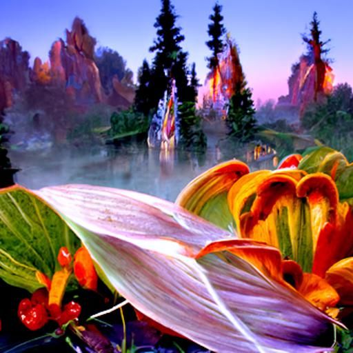 Ethereal Sunrise River Valley with Lilies
