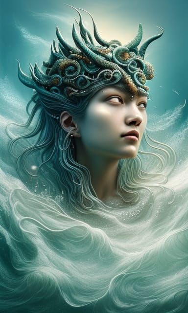 Majestic Water God Portrait in Hyperdetailed Style