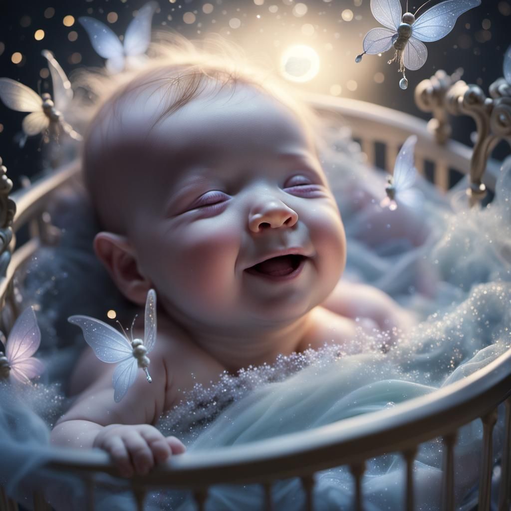 Baby in Cradle with Fairies: Fantasy Art