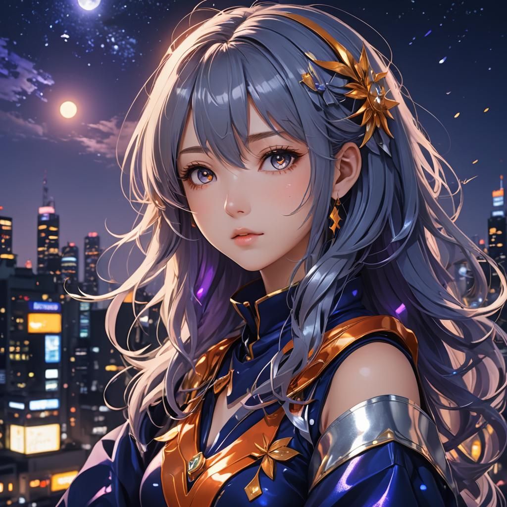 Anime Girl at Night in Shimmering Colors