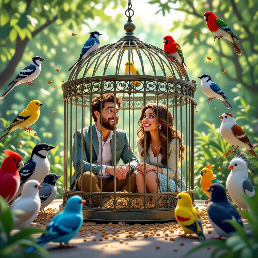 Humans in Bird Cage Zoo Exhibit: A Surreal Cartoon