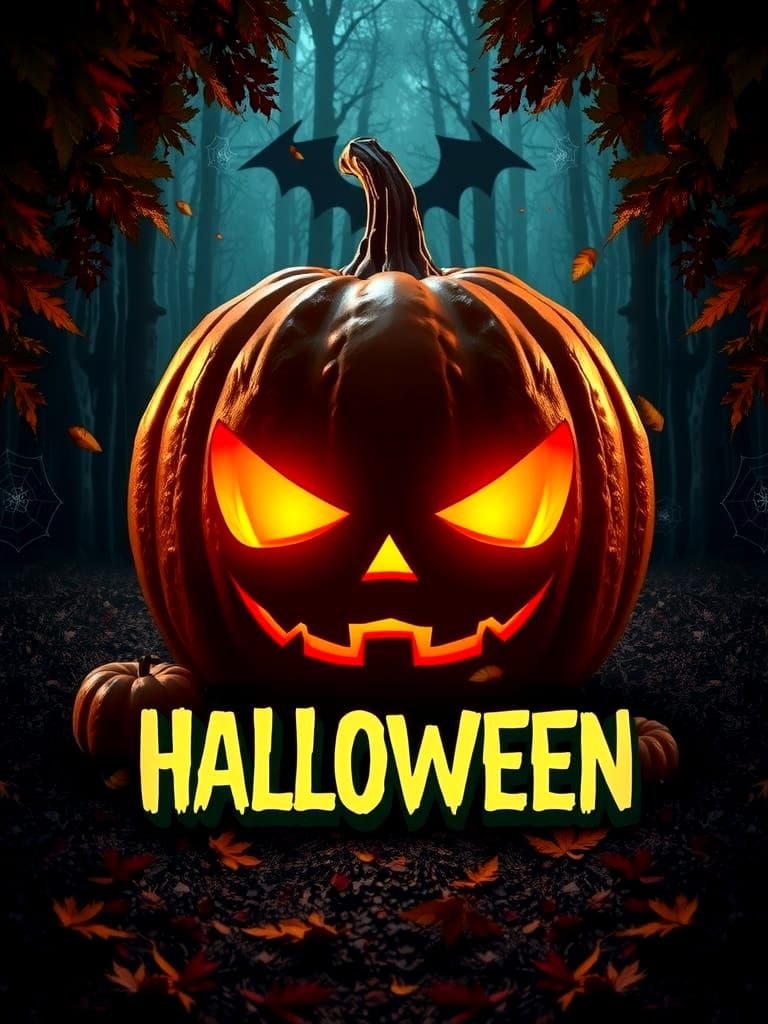 Scary Halloween Pumpkin in Spooky Autumn Forest