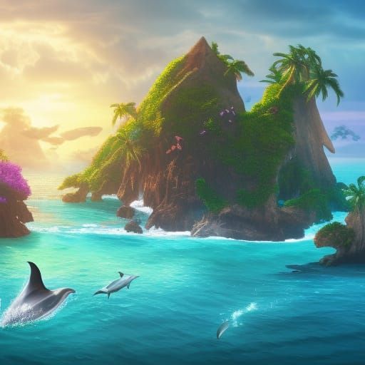 Tropical Island with Dolphins: Fantasy Concept Art