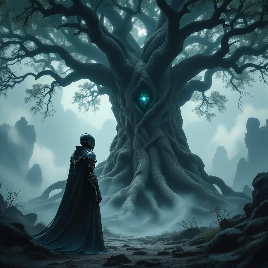Android Before Ancient Tree in Dark Fantasy Concept Art