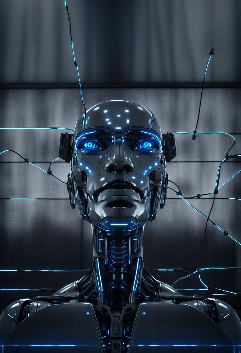 Futuristic Robot in Metallic Room, Hyperrealistic Digital Ar...