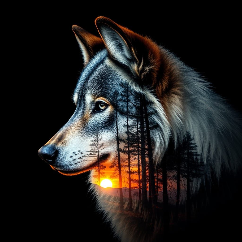 Surreal Double Exposure: Transparent Wolf, Sunset Memories