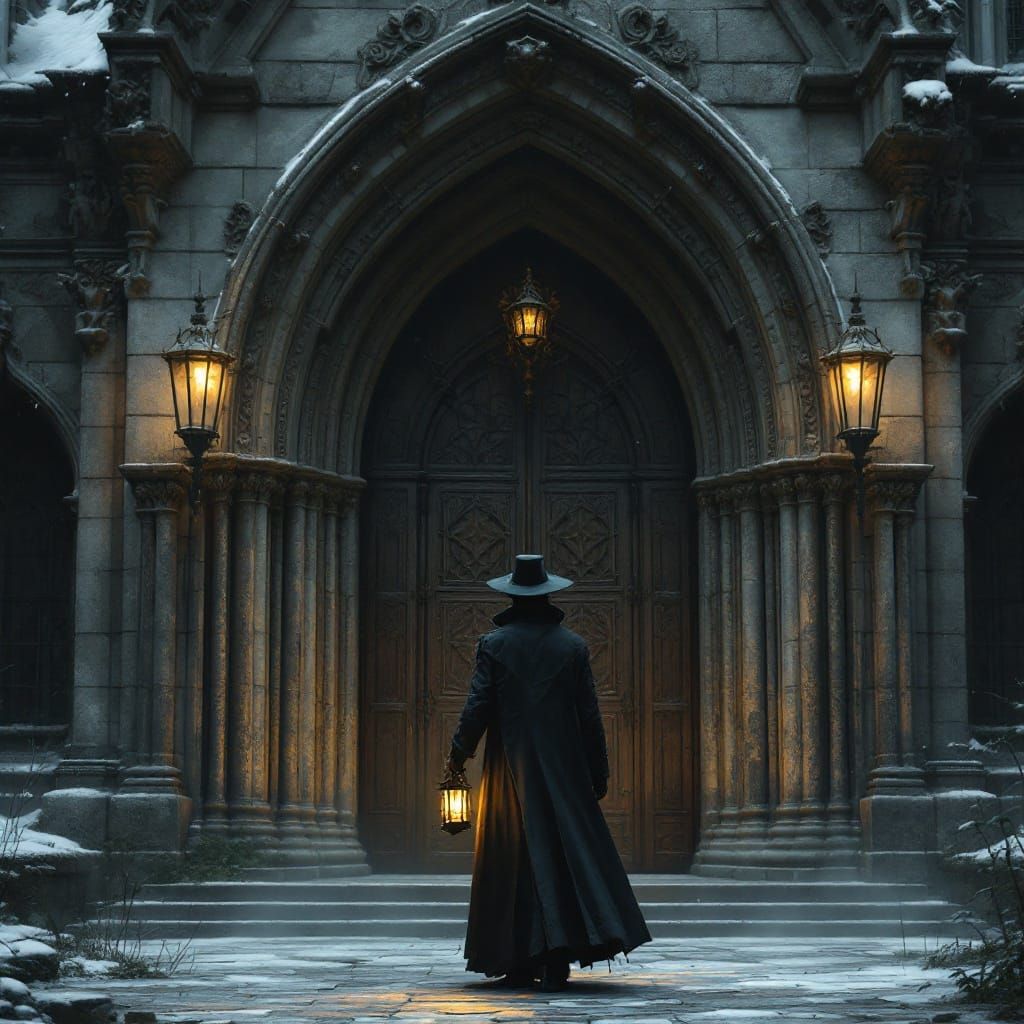 Mysterious Figure Before Gothic Building, Dark Fantasy Art