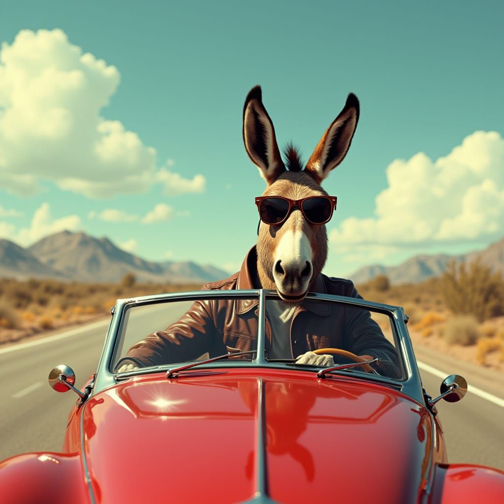 Donkey Drives Convertible in Photorealistic Style