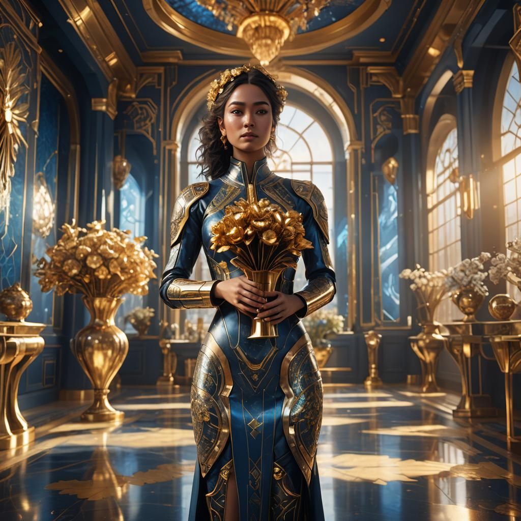 Futuristic Girl with Golden Flowers, Concept Art