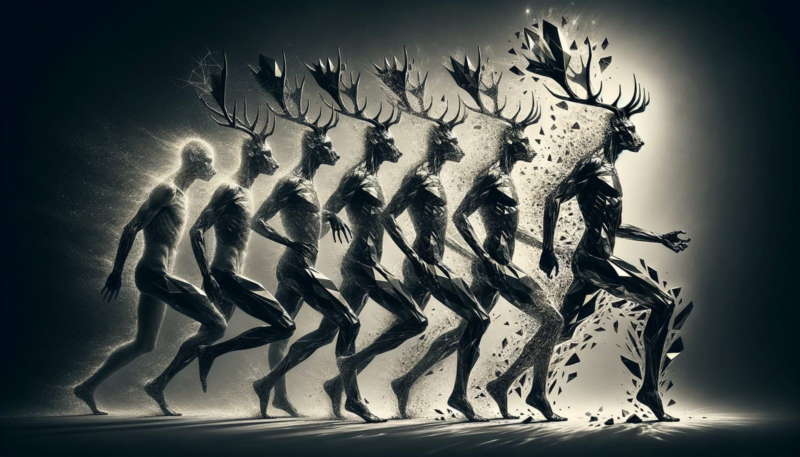 Surreal Figure Transforms to Obsidian Stag in Sequential Pha...