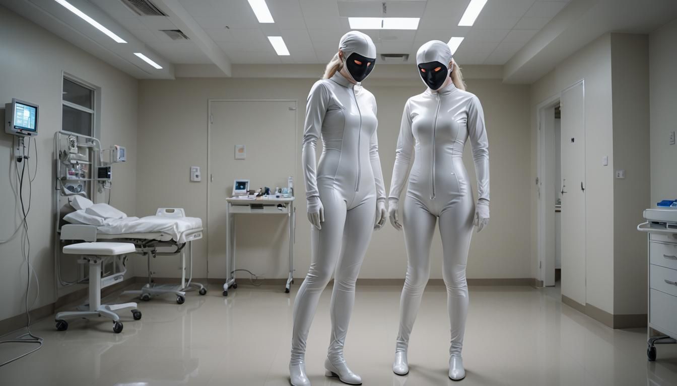 Two Female Figures in White Latex Suits