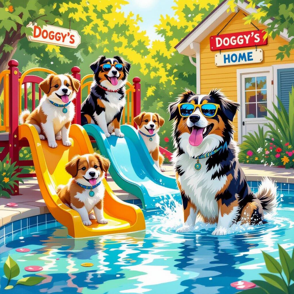 Happy Dogs Playing in Pool: Vibrant Illustration