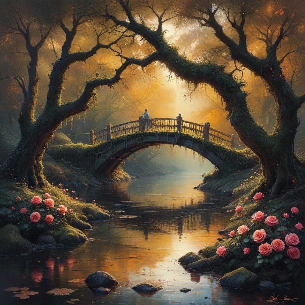 Moss-Covered Wooden Bridge in Autumnal Twilight