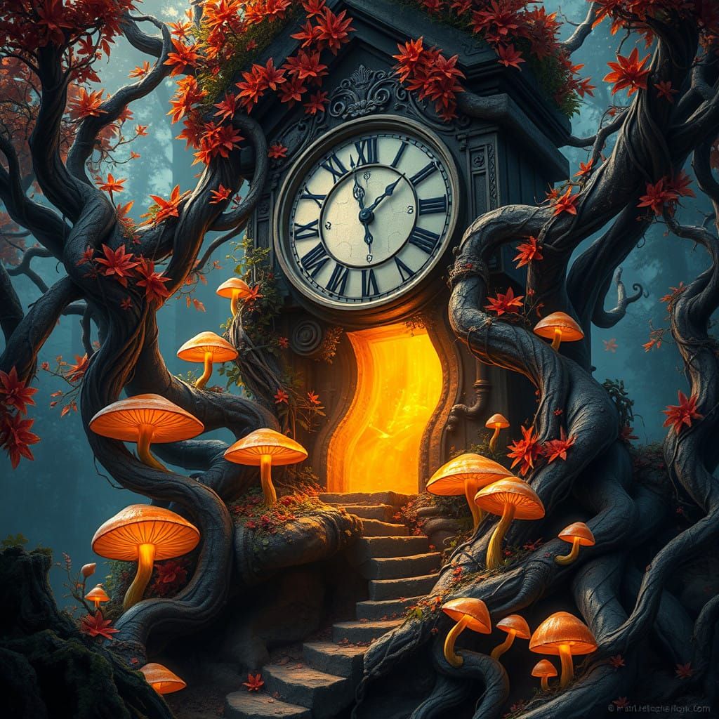 Ancient Clock Tower in Vibrant Fantasy Landscape