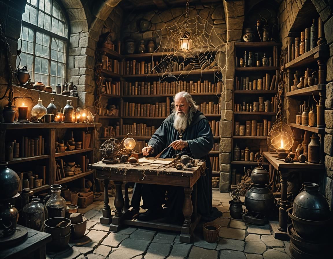 Medieval Alchemist in Merlin's Cave: Cinematic Film Still