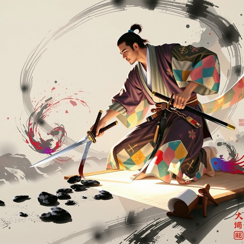 Samurai Calligraphy with Swirling Sword as Matte Painting
