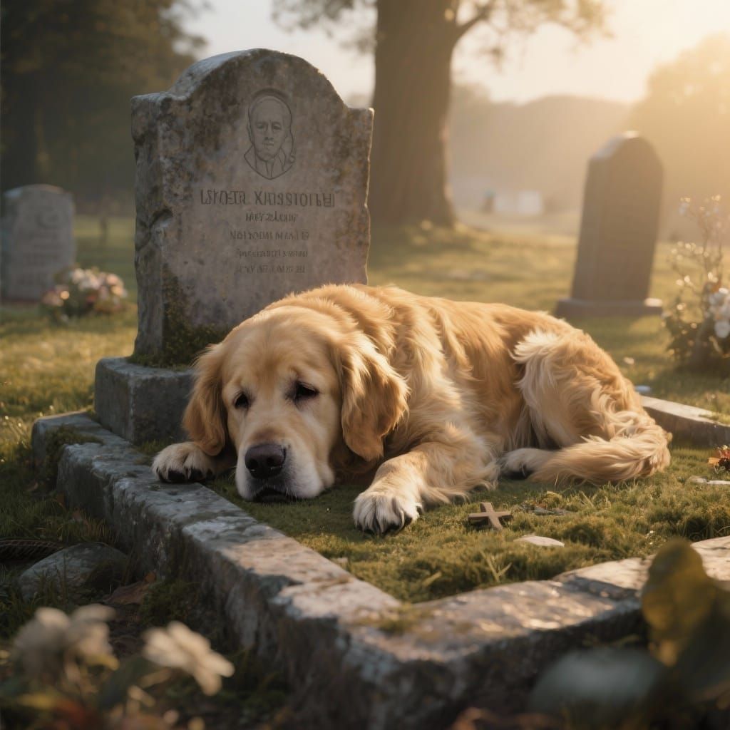 Faithful Golden Retriever Mourns Owner at Grave
