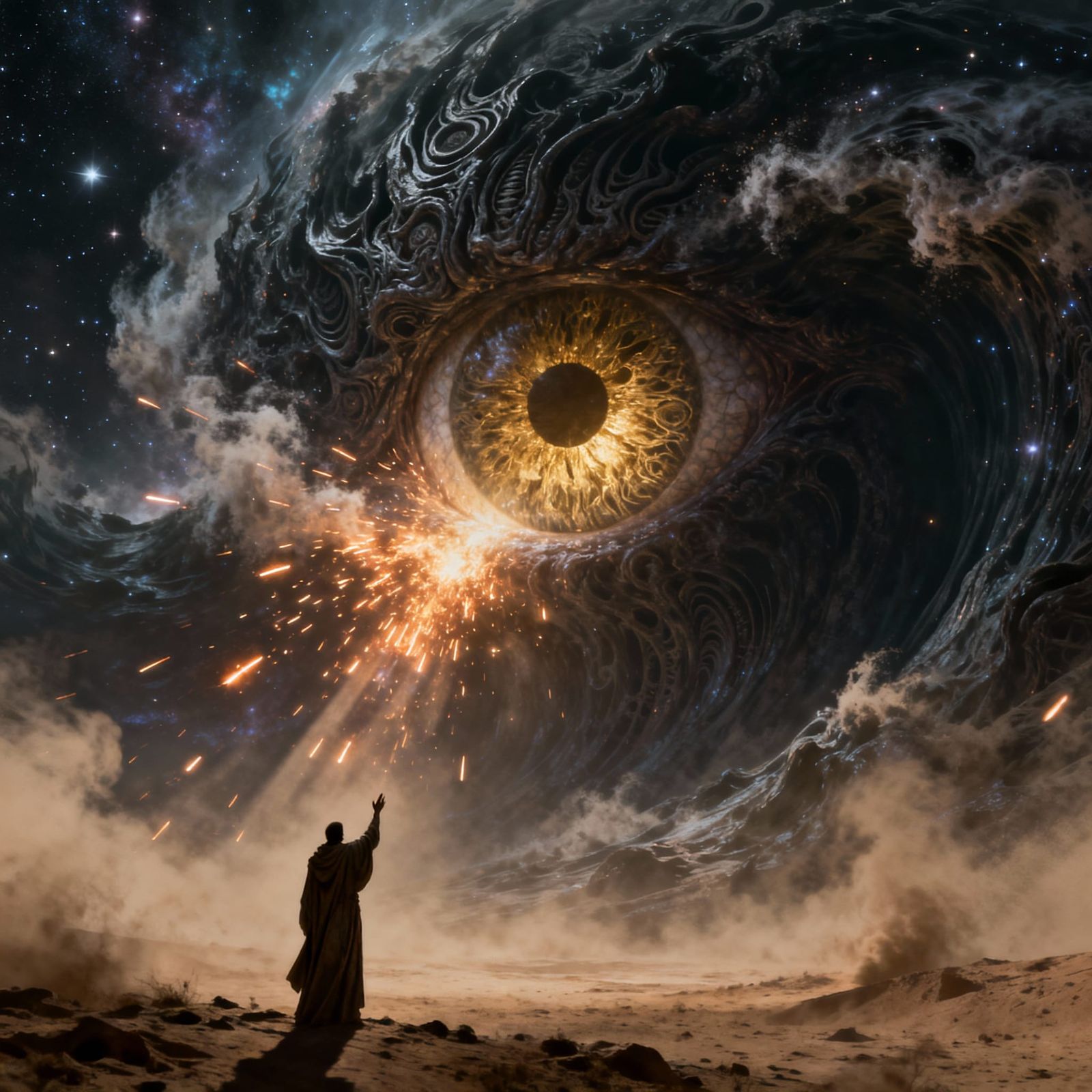 Cosmic Entity and Robed Figure in Epic Fantasy Art