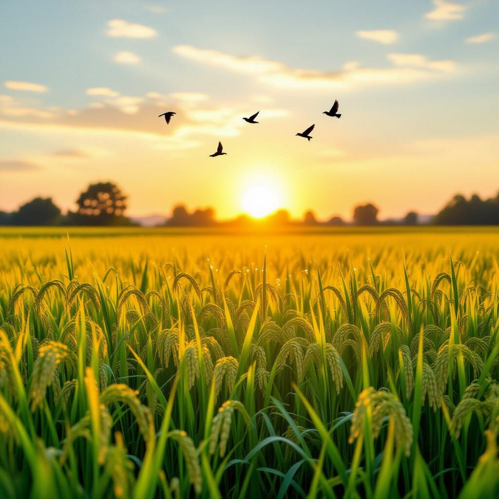 Golden Hour Paddy Field With Birds In Impressionistic Style