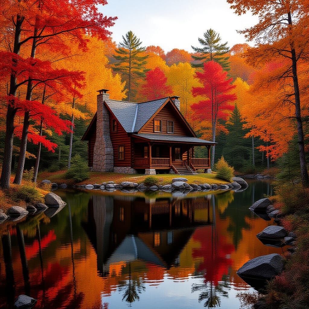 Rustic Log Cabin in Autumn Forest with Reflecting Lake