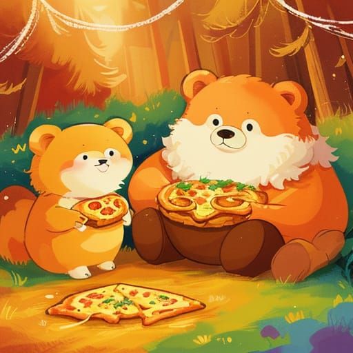 Bear Eats Pizza in Cozy Cabin: Cartoon Illustration