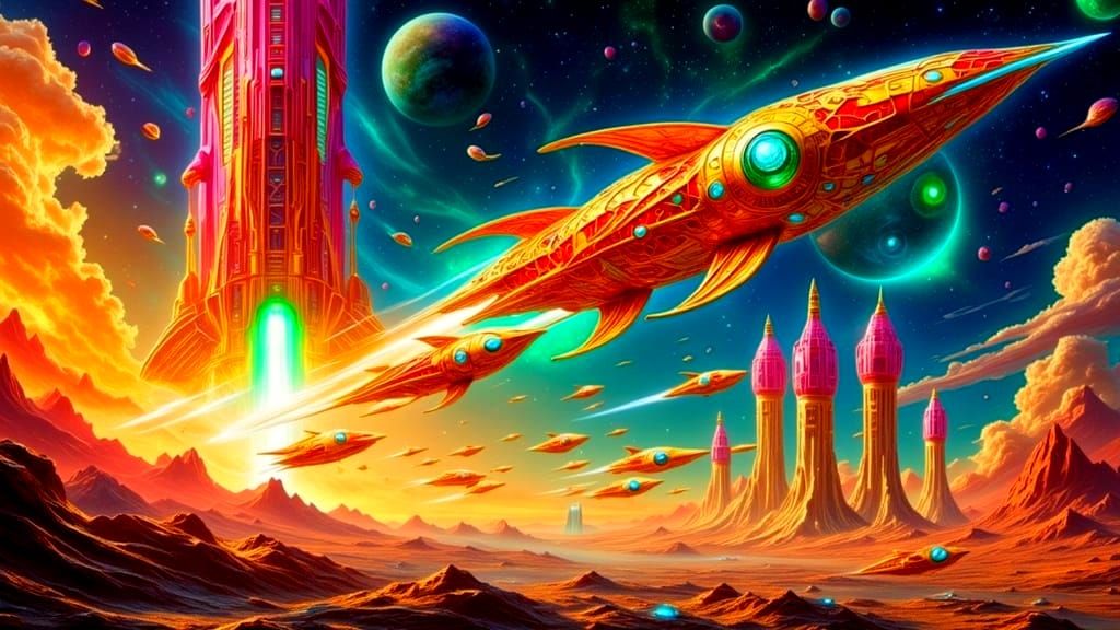 Psychedelic Rocket Ships Launch in Surreal Sky