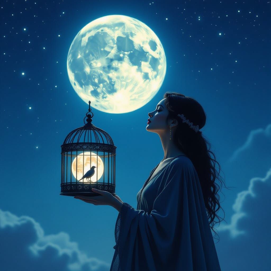 Surreal Figure Carries Moon in Birdcage