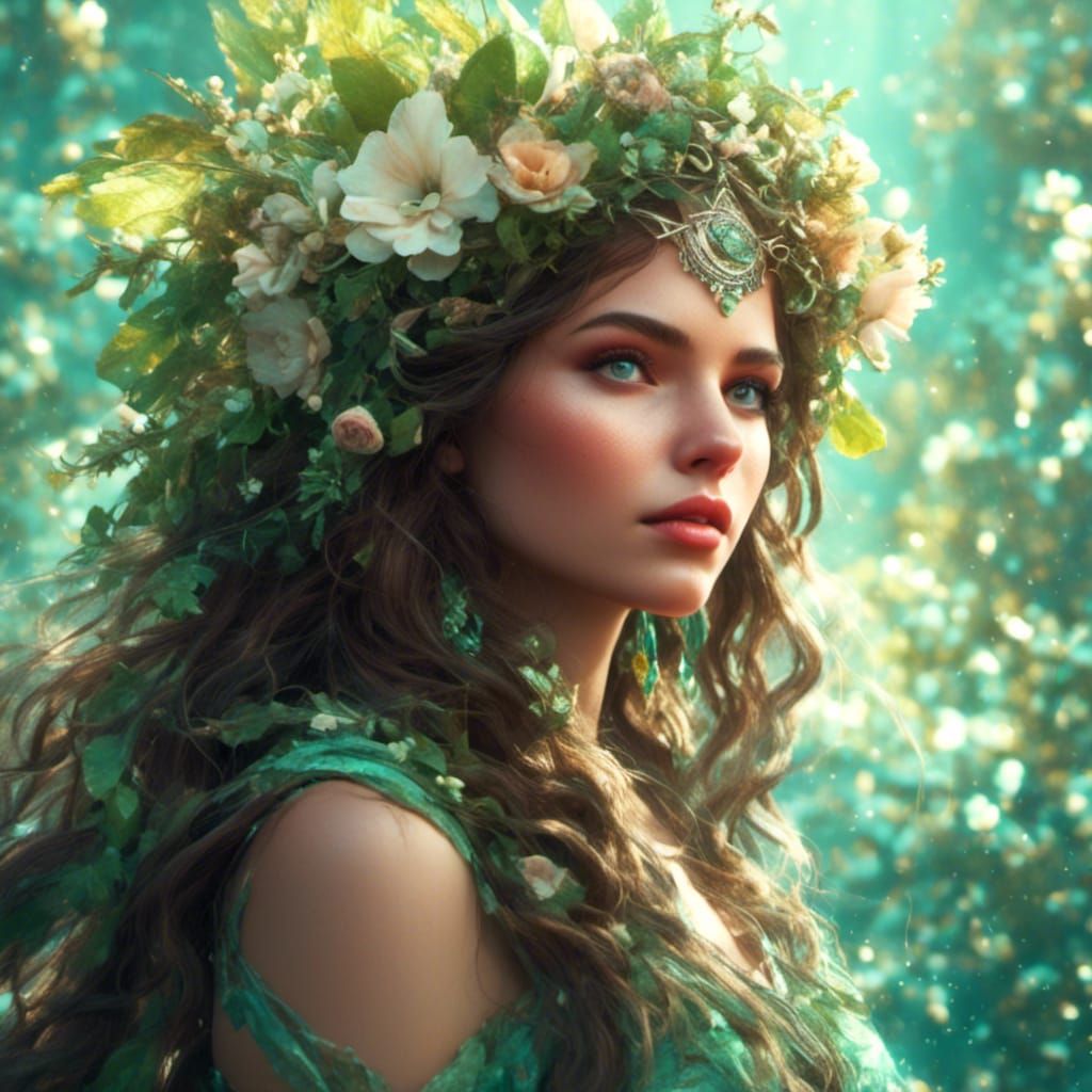 Hyperrealistic Nymph Portrait with Flower Wreath