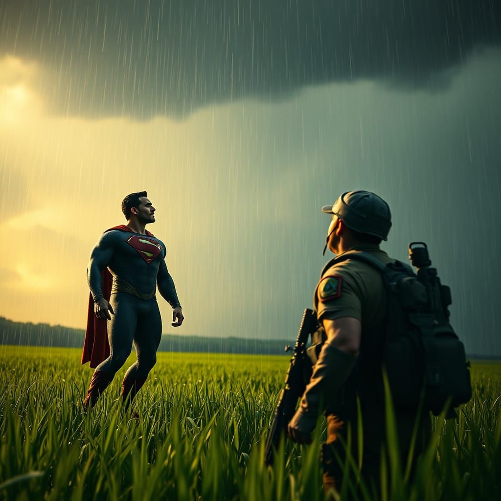 Superman Hercules Floats in Rainy Field with Soldier