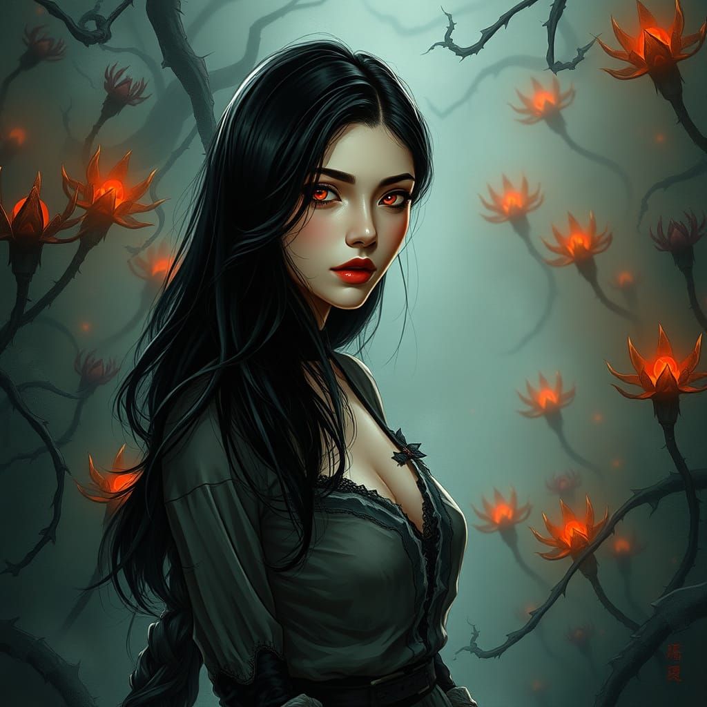 Gothic Woman in Nightmarish Garden, Manhwa Style