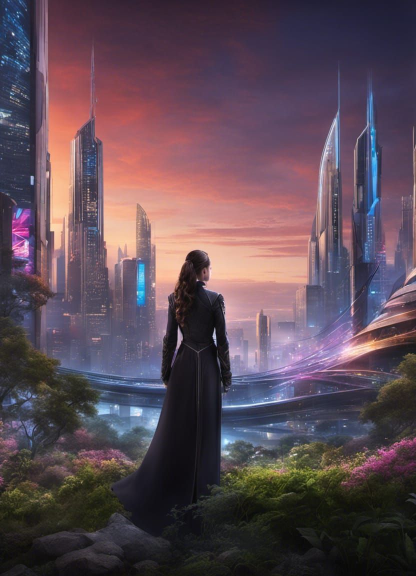 Cyborg Girl in Futuristic Cityscape, Cyberpunk Style