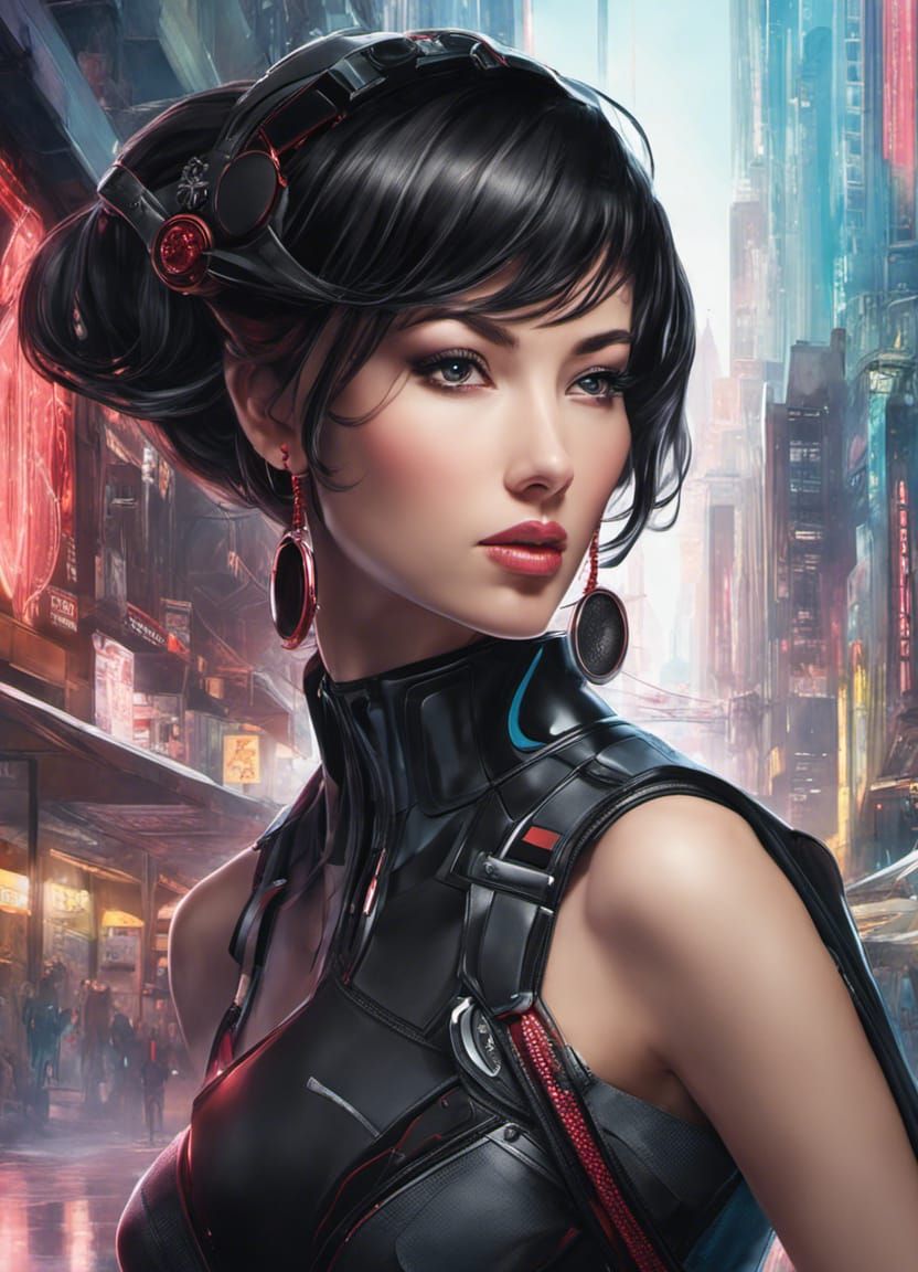 Cyborg Girl on a Futuristic City Street