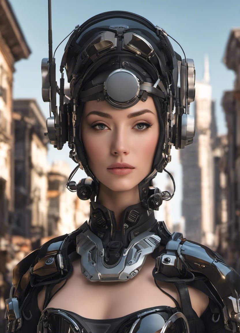 Cyborg Girl in Futuristic Cityscape