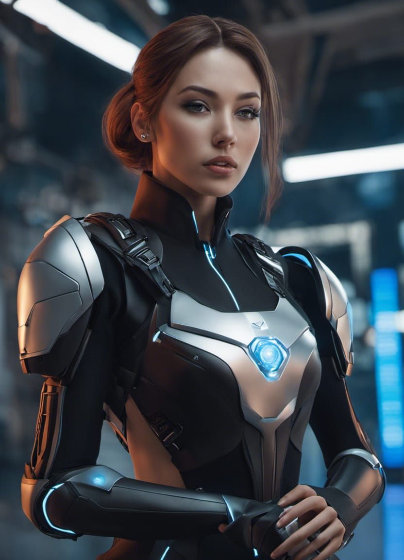 Cyborg Girl in Futuristic Cityscape