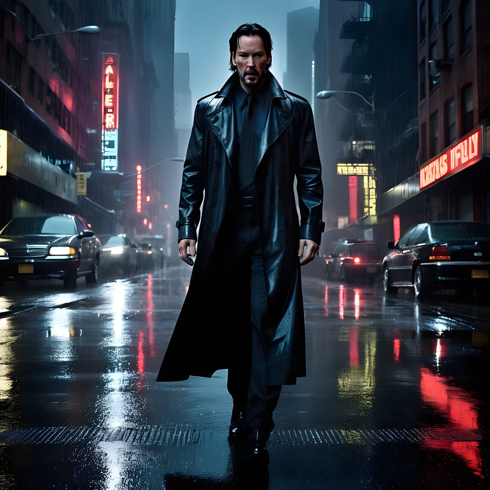 Neo Stands Tall in a Stormy Cityscape