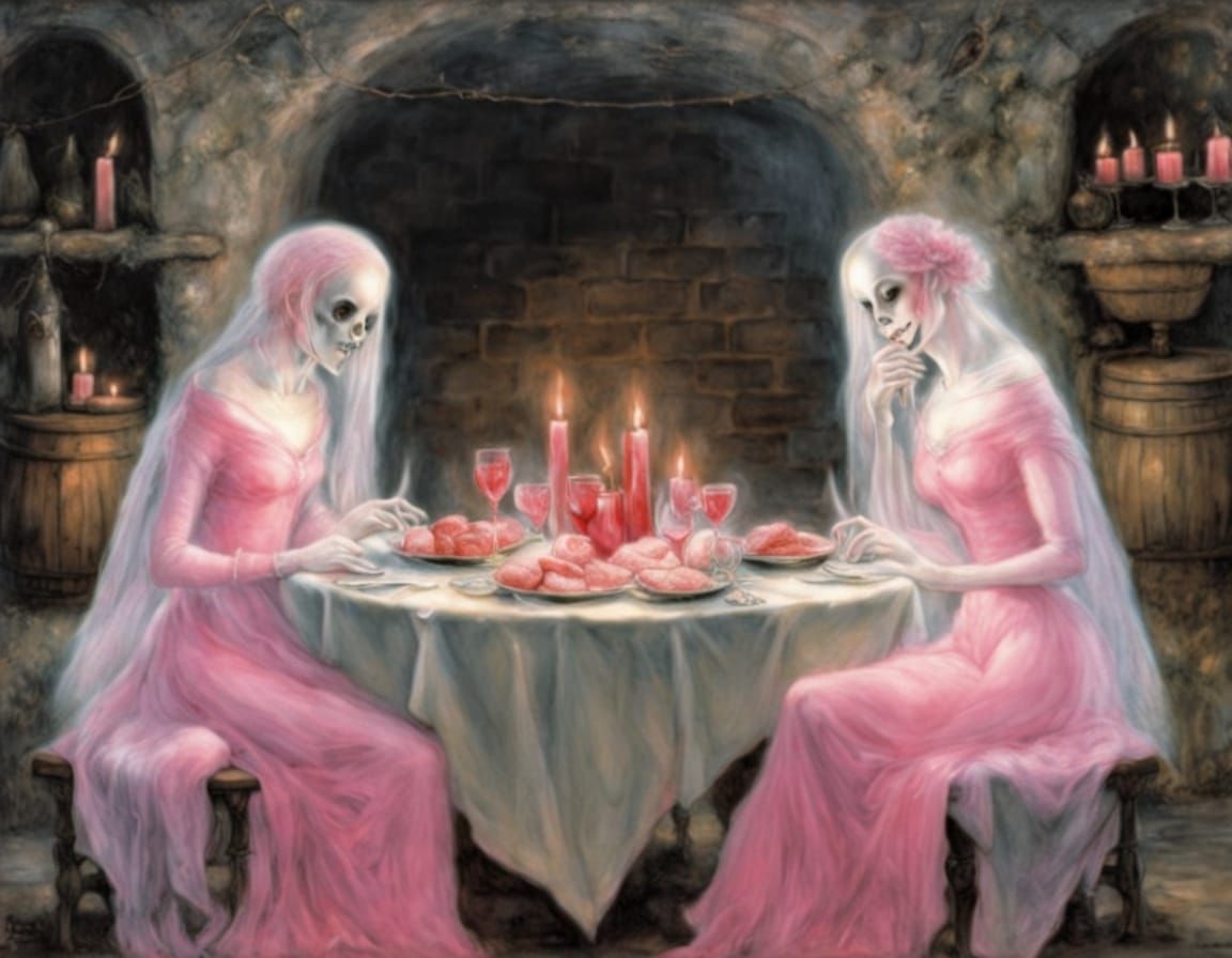 Sapphic Ghosts Romantic Dinner in Wine Cellar