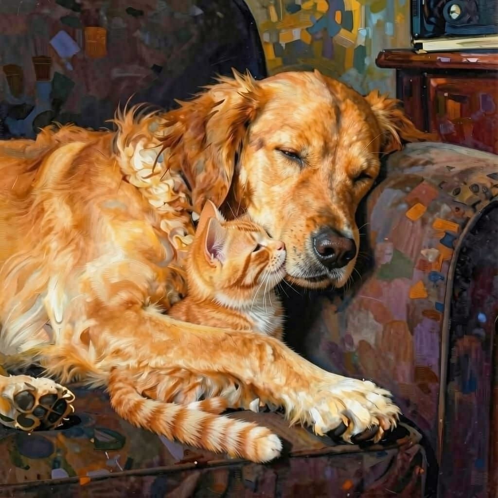 Retriever Dog Protects Kitten on Couch in Grunge Style