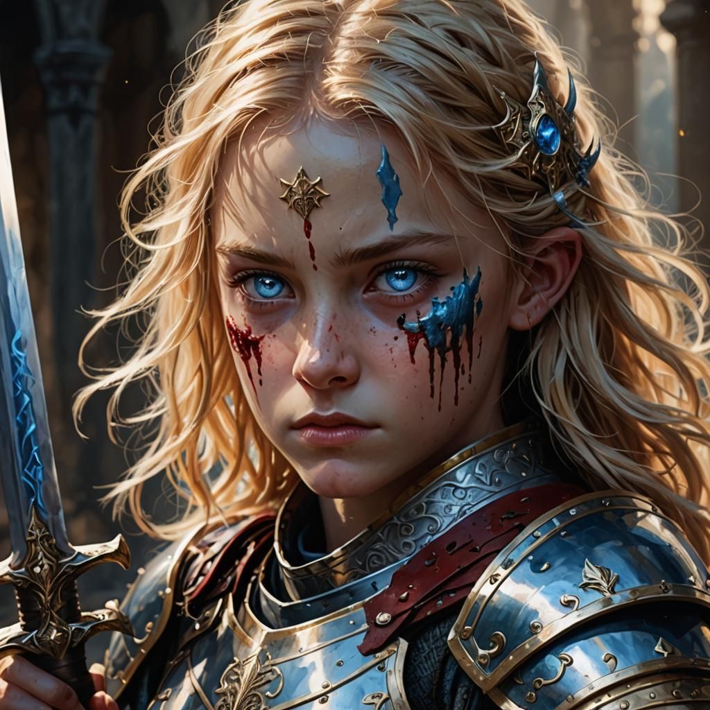 Girl Warrior with Bloody Sword in Fantasy Armor