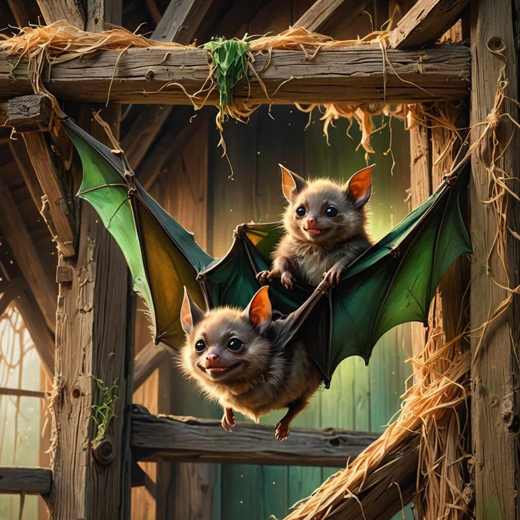 Baby Bat 'Pippa' in Barn, Whimsical Fantasy Art